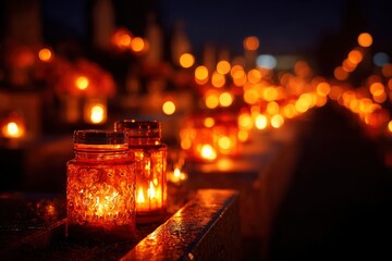 Lit candles glow in glass jars lined on a ledge with more candle lights blurred in the background