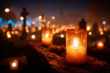 Lit candles in jars sit on a grave in a graveyard at night blurred crosses and lights in the background
