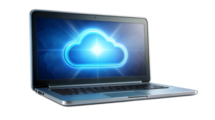 Laptop displaying a glowing blue cloud icon on screen cutout png isolated on a transparent background