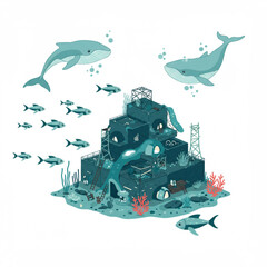 Underwater Artificial Reef with Whales and Fish Vector Illustration