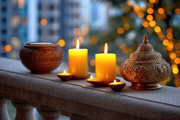 Lit candles  ornate vessels sit on a stone ledge with blurry lights in the background
