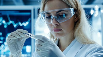 Scientist analyzing dna sample in modern laboratory with data visualization in background - Powered by Adobe