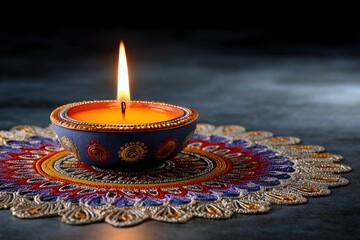 Lit diya sits on a colorful embroidered mandala casting warm light in a dark setting
