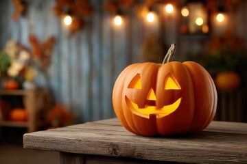 Lit Jackolantern on a weathered wooden table background with soft lights