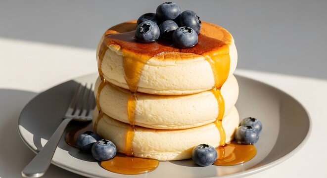 Fluffy Japanese souffl&eacute; pancakes with maple syrup and blueberries, minimal cozy caf&eacute; food photography
