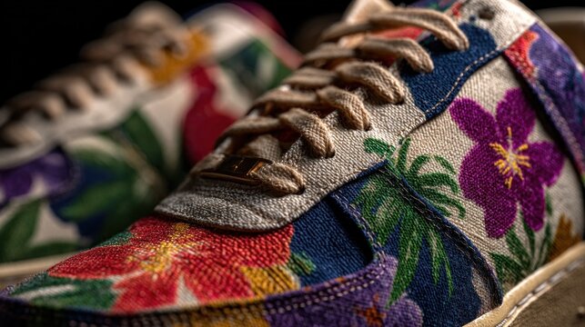Floral tapestry patterned athletic shoes close-up for microstock concepts