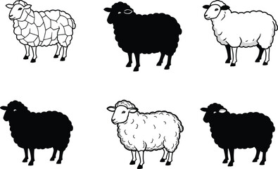 Vector illustration of different sheep silhouettes and wool patterns, black and white farm animals, livestock drawing for agriculture and textile design
