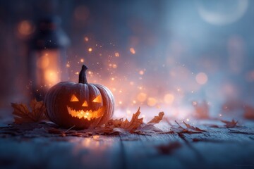 Lit pumpkin on wood with fall leaves lantern in background bokeh lights