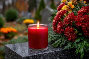 Lit red candle in a glass holder on a stone surface beside red  yellow flowers set in a cemeterylike background