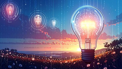 Innovative lightbulb, sunrise, digital overlay