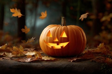 Lit Jackolantern on rocks autumn leaves scattering