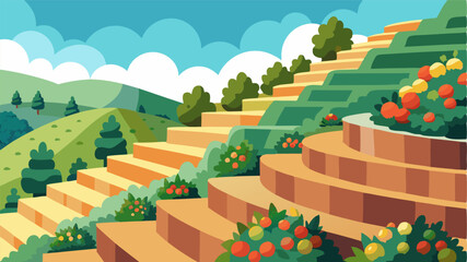 A series of stone terraces cascading down the hillside each one bursting with colorful flowers herbs and fruit trees creating a truly enchanting sight.