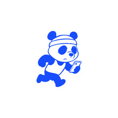 Blue panda running while holding a phone