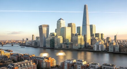 Cityscape view of london with the shard and other skyscrapers along the river thames at daytime
