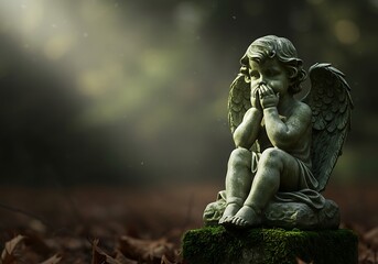 Fototapeta premium Mourning cherubic angel statue in a serene autumnal setting. Generative Ai
