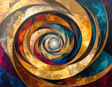 Abstract spiral design with vibrant colors and geometric shapes