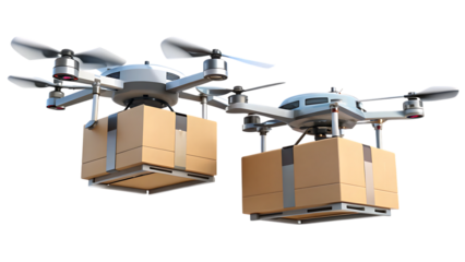 Two Delivery Drones Carrying Cardboard Boxes on a cutout png White Background isolated on a transparent background