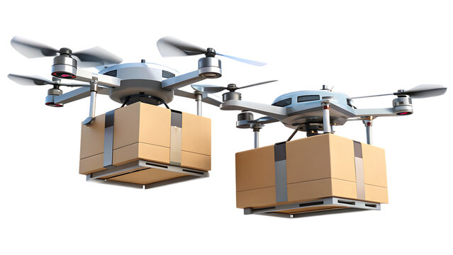 Two Delivery Drones Carrying Cardboard Boxes on a cutout png White Background isolated on a transparent background