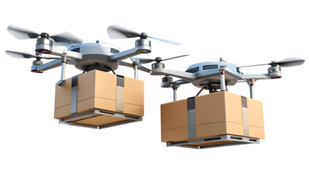 Two Delivery Drones Carrying Cardboard Boxes on a cutout png White Background isolated on a transparent background