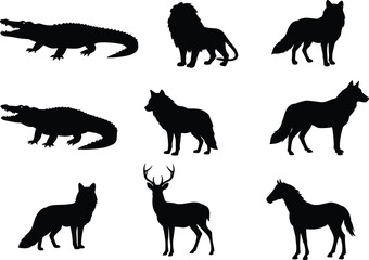 Wild animal silhouettes collection including crocodile, lion, wolves, deer, and horse isolated on white background vector illustration design set.