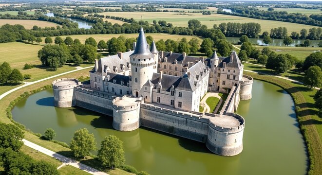 Aerial view of the chateau de sully sur loire surrounded by a moat and green landscape in france