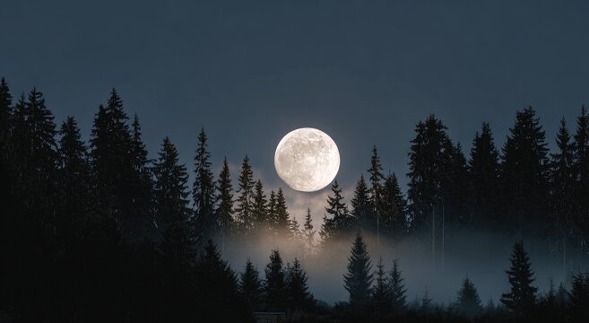 Full moon over a misty forest at night - Powered by Adobe