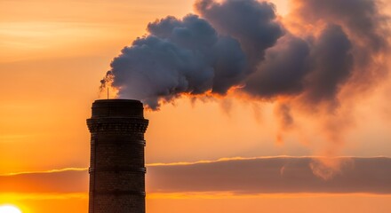 Industrial smokestack emitting dark smoke at sunset.