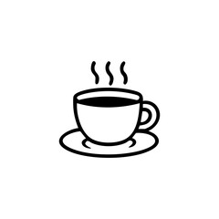 Simple black and white graphic of a hot cup of coffee on a saucer