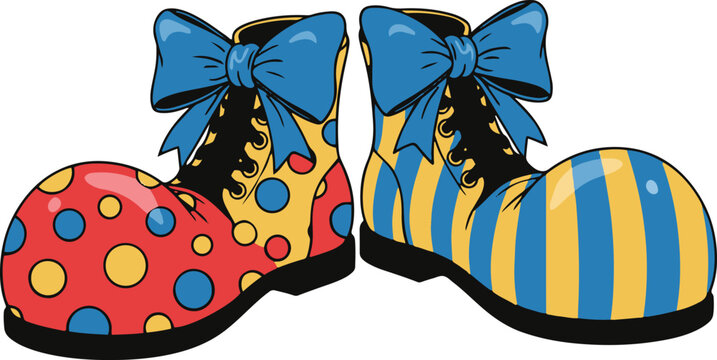 A pair of vibrant pixel art clown shoes, featuring red and yellow polka dots on one shoe and blue and yellow stripes on the other. Each shoe is adorned with a large blue bow. 