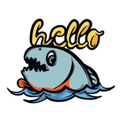 Piranha with Hello Text Cartoon Vector Illustration