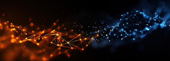 Abstract digital network of orange and blue glowing points and lines on a dark background