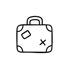 Simple black outline drawing of a vintage suitcase with a small rectangular sticker and a large X mark