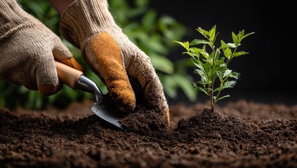 Hands planting a seedling in dark soil
