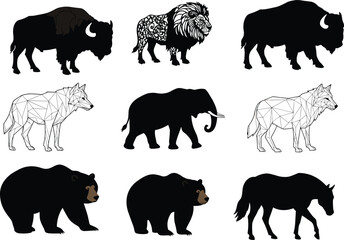 Wild animal silhouettes vector illustration including bison, lion, wolf, elephant, bear, and horse with creative geometric artistic design.