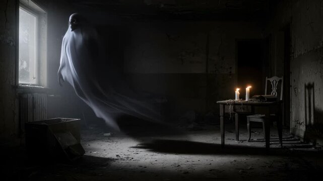 Ghost hovering and gliding through a dark, old, abandoned room with lit candles on a table, paranormal horror footage
