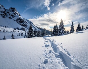 Fototapeta premium Snow Covered Mountain Trail Footprints Winter Landscape