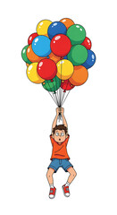 A boy floats suspended in the air, held aloft by a bundle of colorful balloons