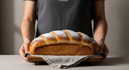 Bakers Pride - A Rustic, Flour-Dusted Loaf Held in Warm, Dramatic Light.