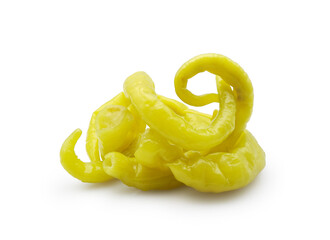 Pickled green thin wrinkled long peppers isolated on white background