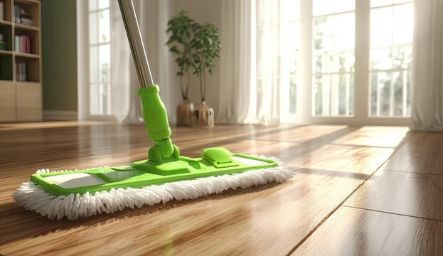 A green mop on a wooden floor. Sunlight streams in
