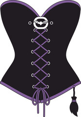 A detailed pixel art depiction of a black corset with intricate purple detailing and a silver clasp. The design features a classic silhouette and ornate patterns, showcasing a blend of vintage and mod