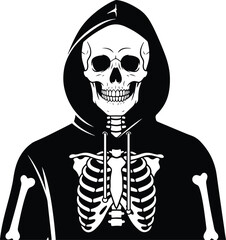 A striking pixel art illustration depicts a skeleton wearing a black hoodie, its ribcage visible beneath the garment. 