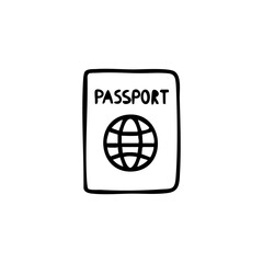 Simple black line drawing of a passport with a world globe