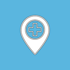 Obraz premium White map marker icon with a cross, medical symbol.