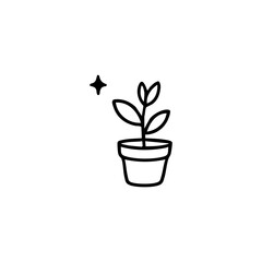 Simple black line drawing of a small plant in a pot, with a small star above it