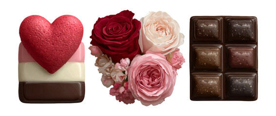 Heart Shaped Dessert, Floral Arrangement, and Chocolate Bar on Transparent Background