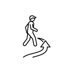 A simple line drawing depicts a person walking forward on a curved path indicated by an arrow.