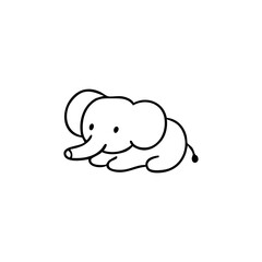 Simple black line drawing of a cute, lying down baby elephant