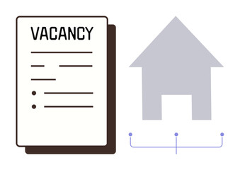Vacancy document with text and bullet points beside a house icon connected with lines. Ideal for housing, job search, application process, recruitment, real estate, business workflow, simple flat