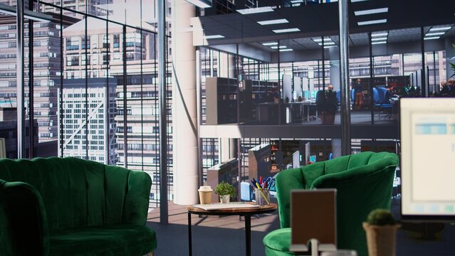 Modern office space with financial data on a monitor used for meetings, running detailed analytics and graphs. Empty workspace to develop business strategies for success, productivity tools. - Powered by Adobe